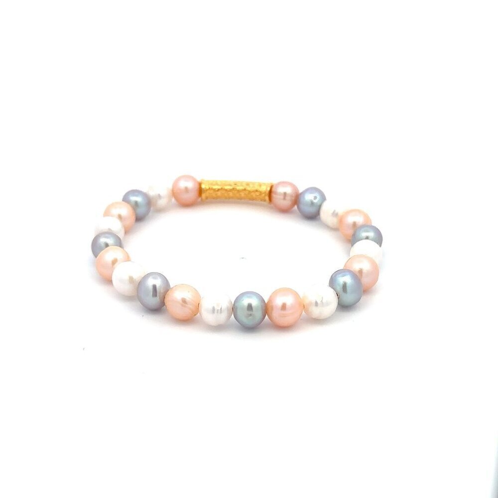 18K Gold Tube Lucky Charm Bracelet Gemstones Multicolor Pearl 6.5mm - 7.5mm - Picture 4 of 4